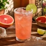 A chilled coral-pink Paloma cocktail in a salt-rimmed highball glass with grapefruit, lime, clear ice, and condensation.