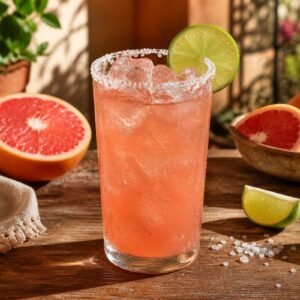 A chilled coral-pink Paloma cocktail in a salt-rimmed highball glass with grapefruit, lime, clear ice, and condensation.