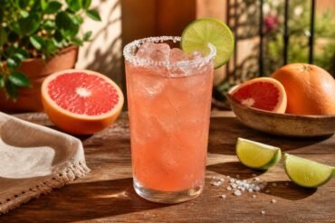 A chilled coral-pink Paloma cocktail in a salt-rimmed highball glass with grapefruit, lime, clear ice, and condensation.