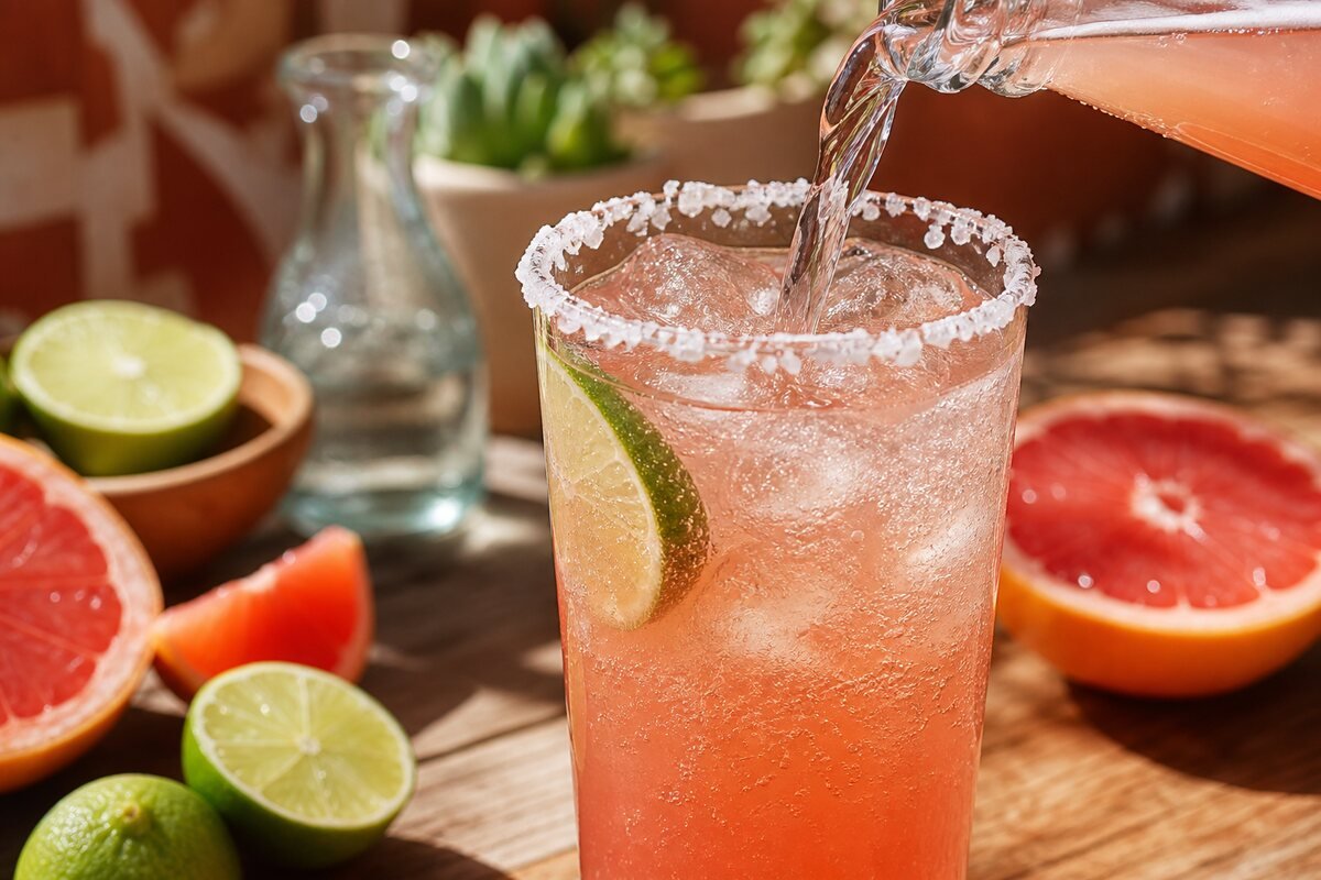 Grapefruit soda is poured into a salt-rimmed Paloma over ice with grapefruit and lime on a sunny table.