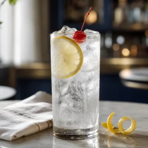 A chilled Tom Collins cocktail with gin, lemon, sparkling soda, ice, lemon wheel, and cherry.