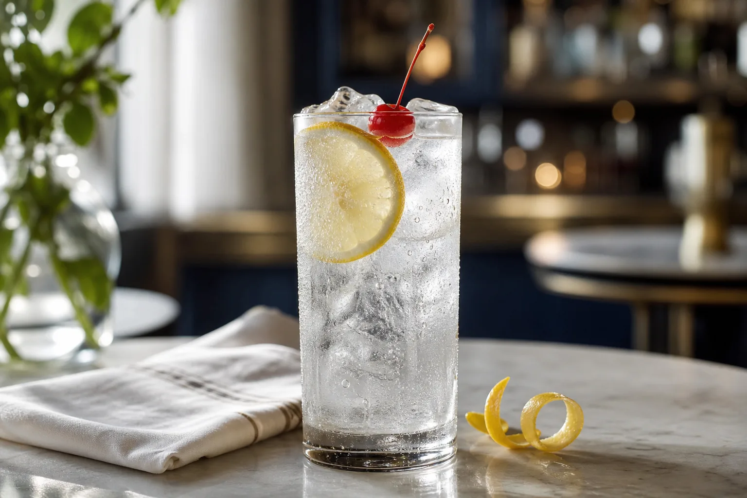A chilled Tom Collins cocktail with gin, lemon, sparkling soda, ice, lemon wheel, and cherry.