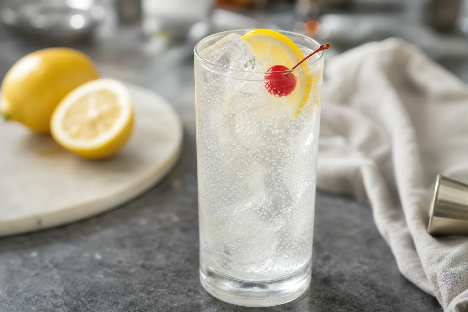 A close-up Tom Collins with sparkling lemon-gin drink, condensation, ice, lemon wheel, and cherry.