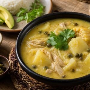 A bowl of Colombian ajiaco with chicken, potatoes, corn, avocado, capers, and cream.