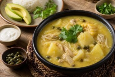 A bowl of Colombian ajiaco with chicken, potatoes, corn, avocado, capers, and cream.