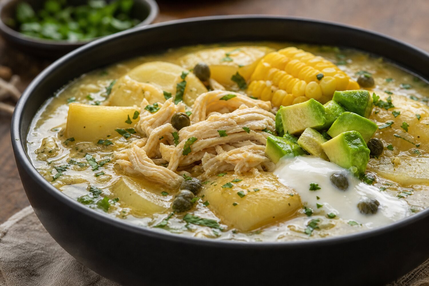 Close-up Colombian ajiaco with shredded chicken, potatoes, corn, capers, avocado, and cream.