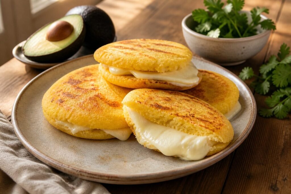 Colombian cheese arepas with golden corn cakes, melted white cheese, avocado, and fresh herbs.