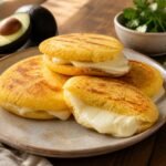 Colombian cheese arepas with golden corn cakes, melted white cheese, avocado, and fresh herbs.