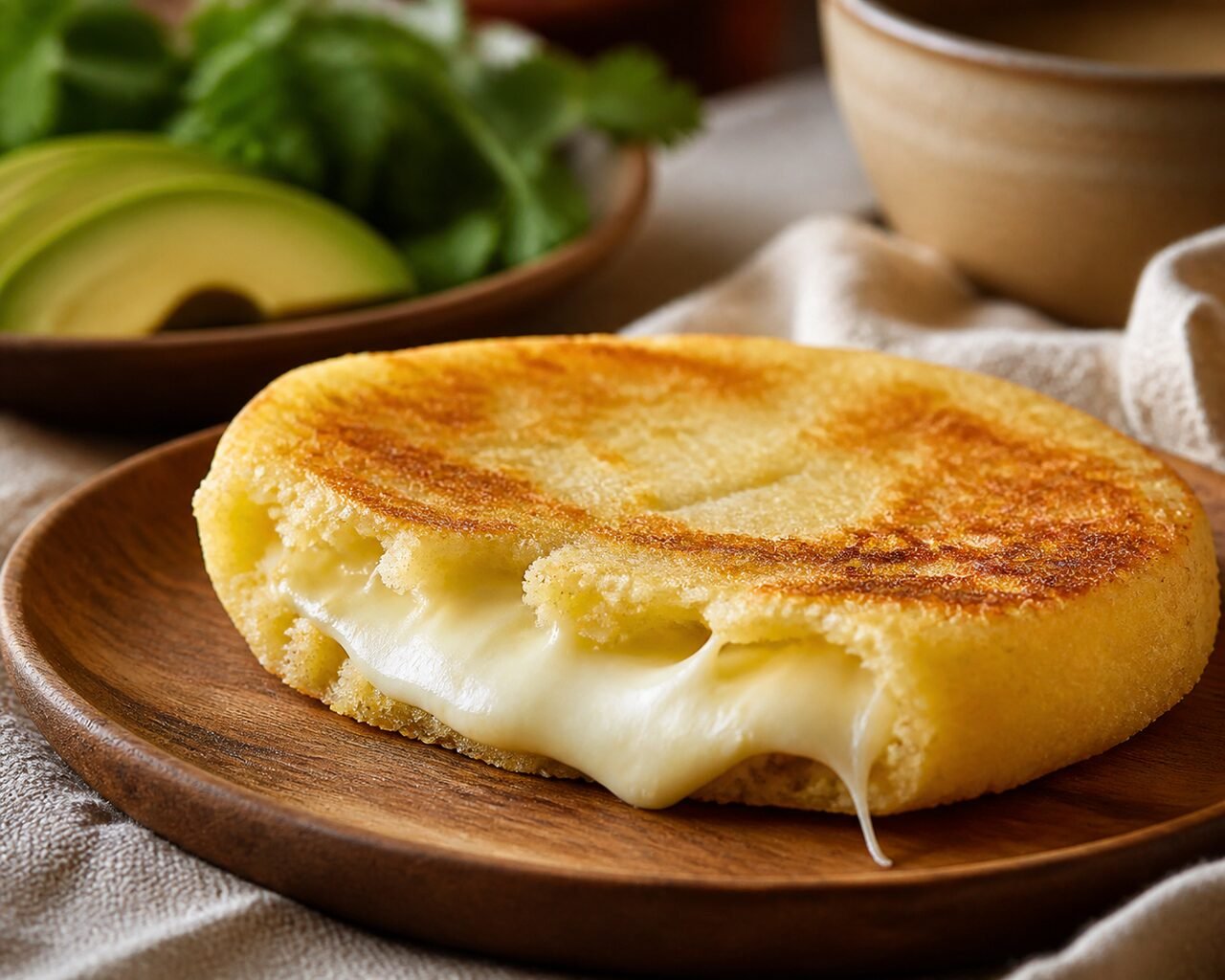 A Colombian cheese arepa split open to show melted cheese inside a crisp golden corn cake.