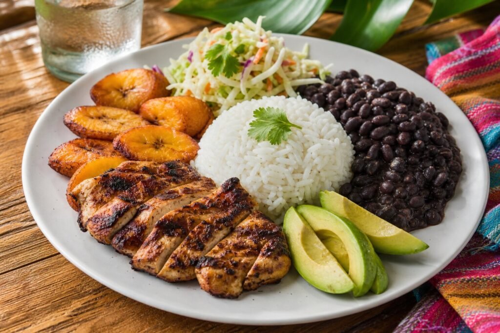 A Costa Rican casado plate with grilled chicken, rice, black beans, fried plantains, cabbage salad, and avocado.