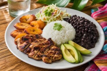 A Costa Rican casado plate with grilled chicken, rice, black beans, fried plantains, cabbage salad, and avocado.
