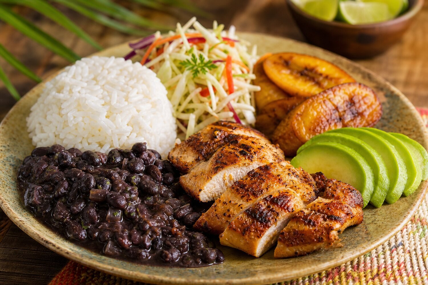 Close-up Costa Rican casado with grilled chicken, black beans, rice, plantains, salad, and avocado.