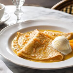 French crepes Suzette folded in glossy orange butter sauce with orange zest and vanilla ice cream.