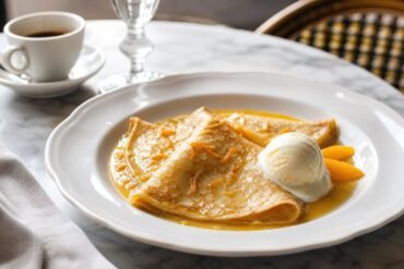 French crepes Suzette folded in glossy orange butter sauce with orange zest and vanilla ice cream.