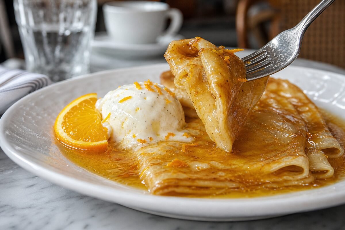 Close serving of French crepes Suzette with orange sauce, vanilla ice cream, and fresh orange zest.
