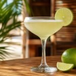 A pale lime Cuban daiquiri in a chilled coupe with a lime wheel on a warm Caribbean bar table.