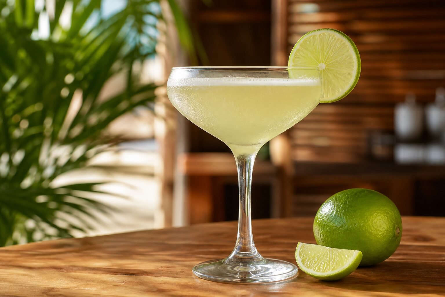 A pale lime Cuban daiquiri in a chilled coupe with a lime wheel on a warm Caribbean bar table.