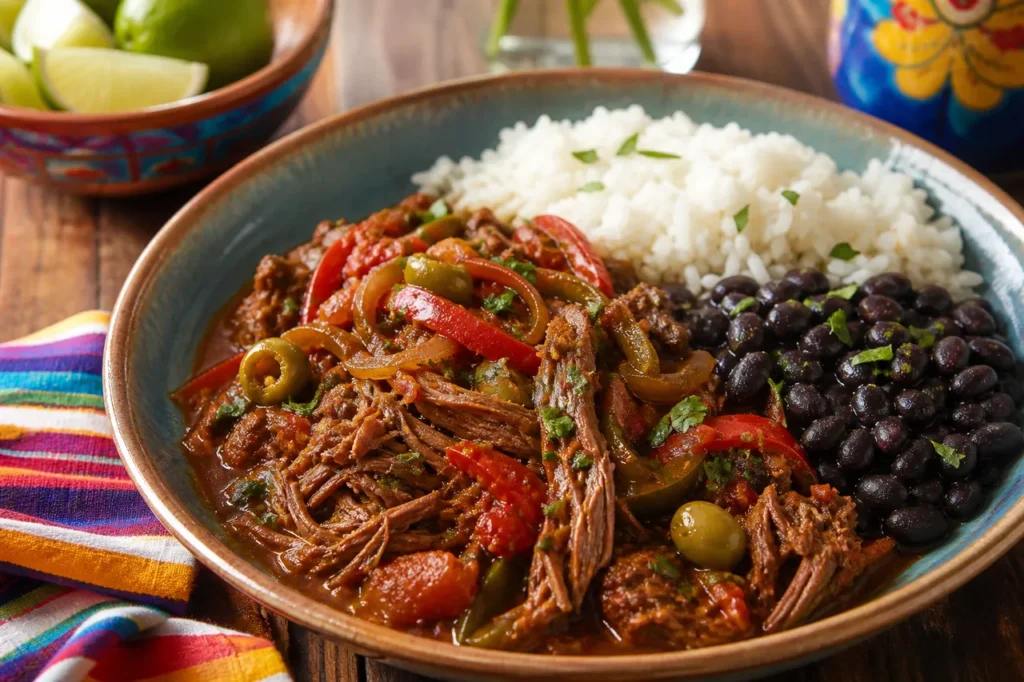 Cuban ropa vieja with tender shredded beef, tomato and pepper sauce, olives, white rice, black beans, and herbs.