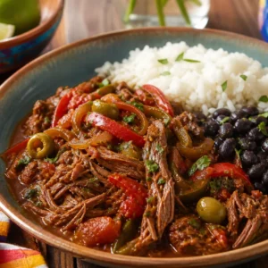 Cuban ropa vieja with tender shredded beef, tomato and pepper sauce, olives, white rice, black beans, and herbs.