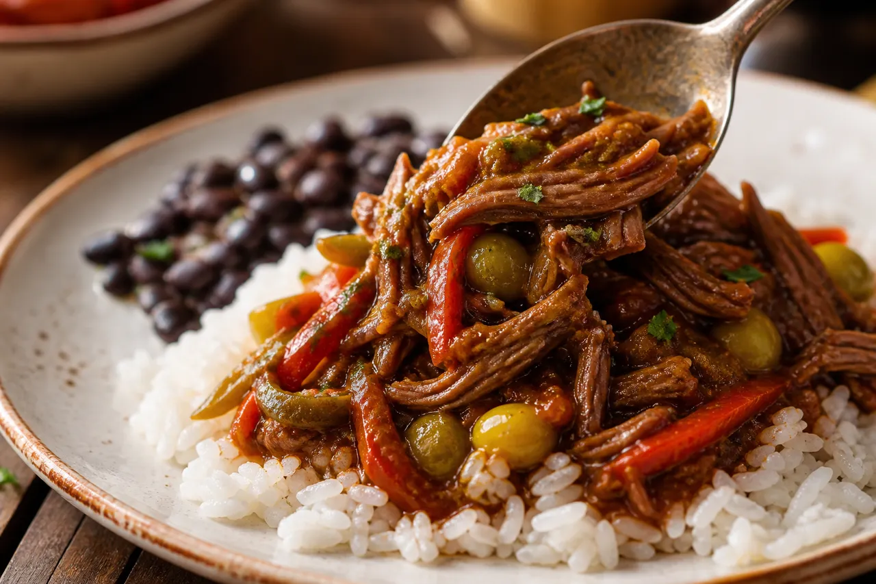 A close-up serving of Cuban ropa vieja spooned over white rice with shredded beef, peppers, olives, and tomato sauce.