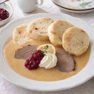 Czech svíčková with tender beef, creamy root vegetable sauce, bread dumplings, cranberry relish, and whipped cream.