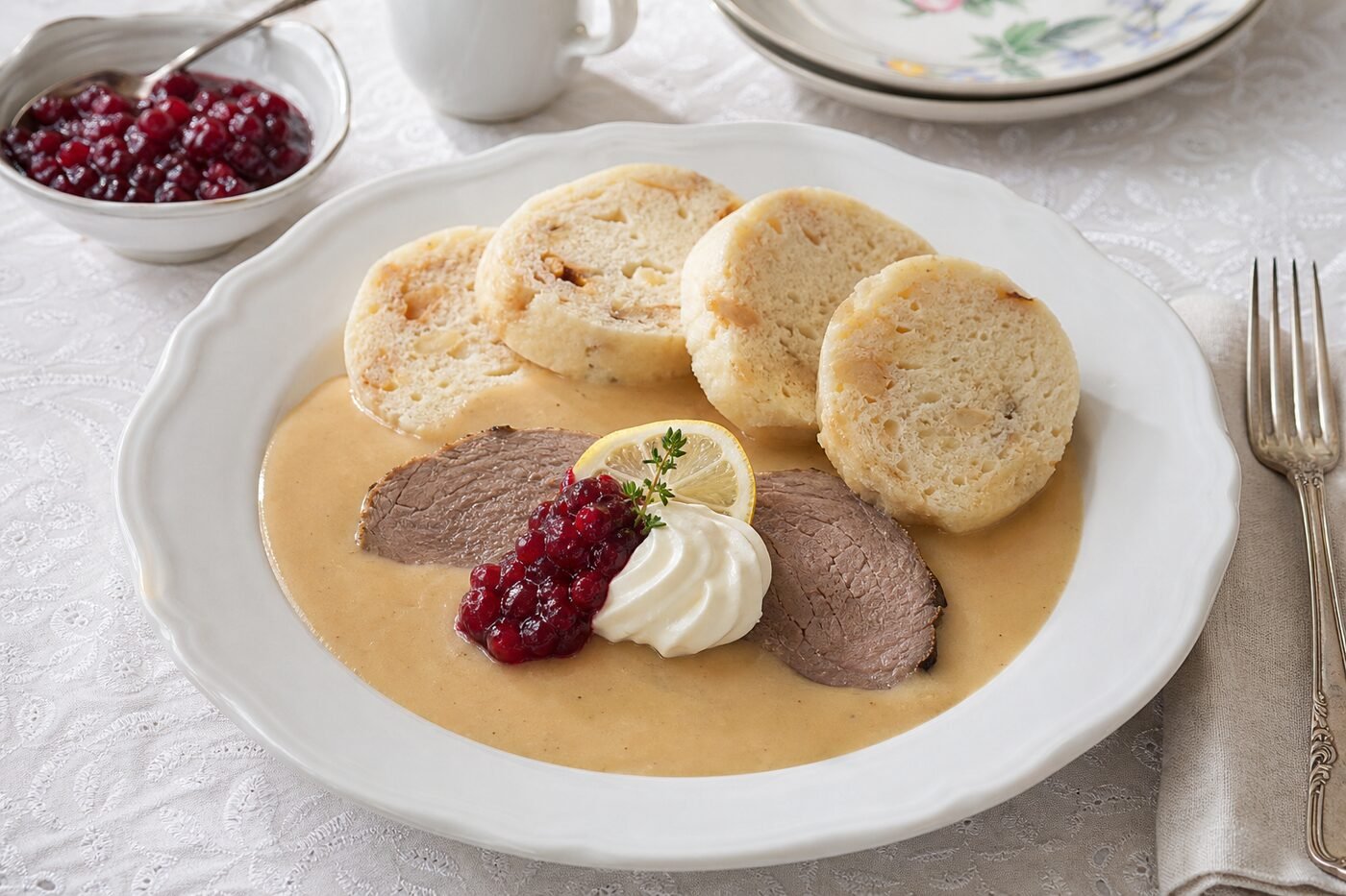 Czech svíčková with tender beef, creamy root vegetable sauce, bread dumplings, cranberry relish, and whipped cream.