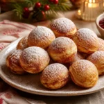 Golden Danish æbleskiver pancake puffs dusted with powdered sugar and served with raspberry jam.