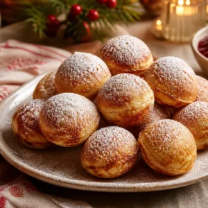Golden Danish æbleskiver pancake puffs dusted with powdered sugar and served with raspberry jam.