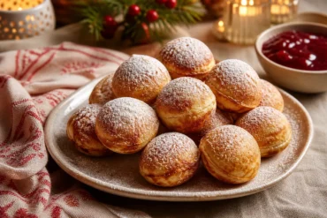 Golden Danish æbleskiver pancake puffs dusted with powdered sugar and served with raspberry jam.
