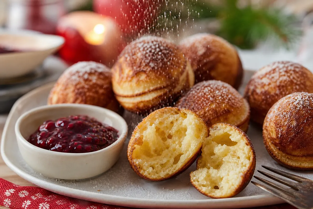 A close-up Danish æbleskiver split open to show its fluffy center with jam and powdered sugar.