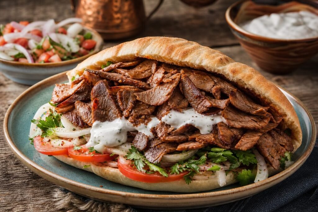 Turkish doner kebab with roasted meat, warm flatbread, tomato, onion, parsley, and yogurt sauce.