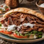 Turkish doner kebab with roasted meat, warm flatbread, tomato, onion, parsley, and yogurt sauce.