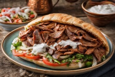 Turkish doner kebab with roasted meat, warm flatbread, tomato, onion, parsley, and yogurt sauce.