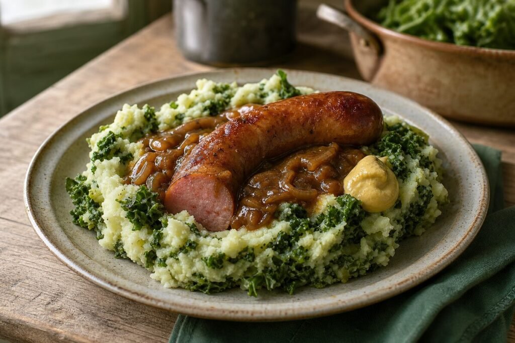 Dutch stamppot with creamy mashed potatoes, kale, smoked sausage, onion gravy, and mustard.