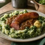 Dutch stamppot with creamy mashed potatoes, kale, smoked sausage, onion gravy, and mustard.