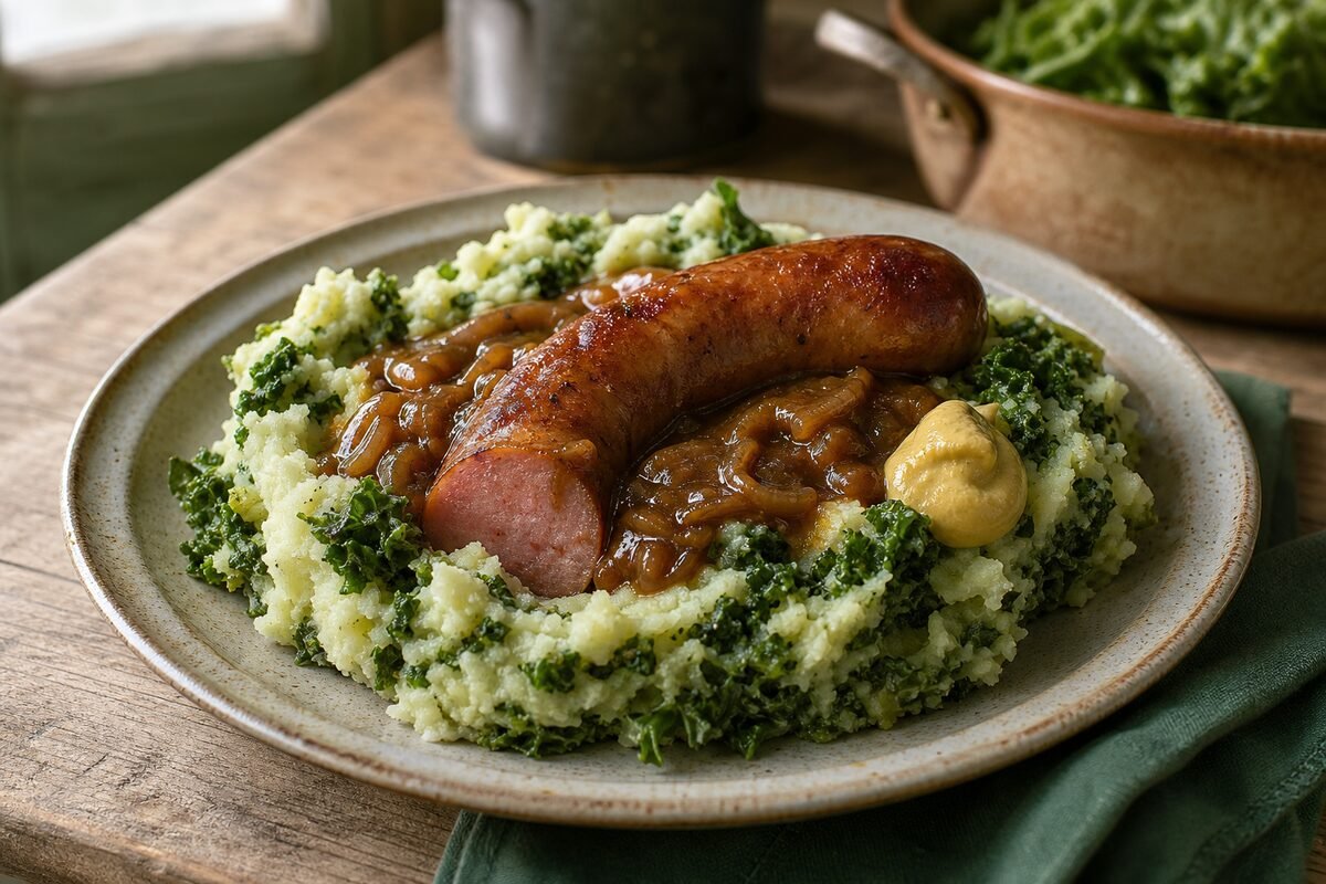 Dutch stamppot with creamy mashed potatoes, kale, smoked sausage, onion gravy, and mustard.