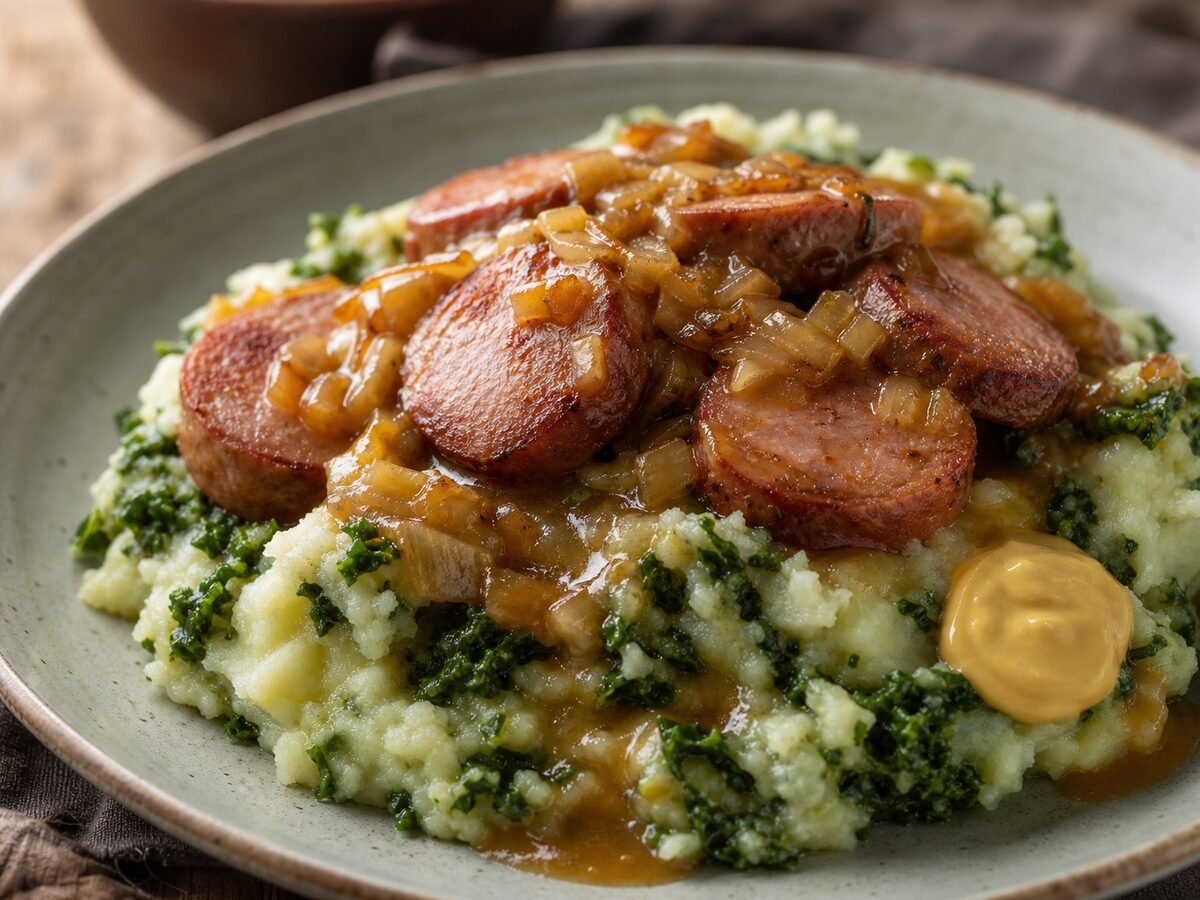 A close-up plate of Dutch stamppot with kale mashed potatoes, sliced smoked sausage, gravy, and mustard.