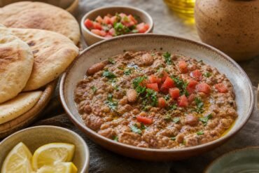 Creamy Egyptian ful medames with olive oil, cumin, lemon, parsley, tomatoes, and warm pita.