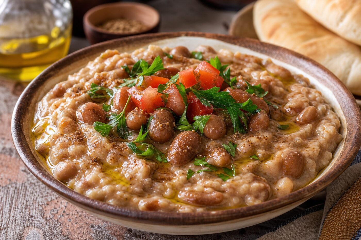 Close-up of Egyptian ful medames with fava beans, olive oil, cumin, lemon, parsley, tomato, and pita.