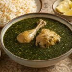 Egyptian molokhia with tender chicken, rice, garlic, coriander, and lemon.