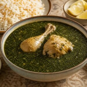 Egyptian molokhia with tender chicken, rice, garlic, coriander, and lemon.