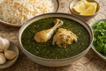 Egyptian molokhia with tender chicken, rice, garlic, coriander, and lemon.