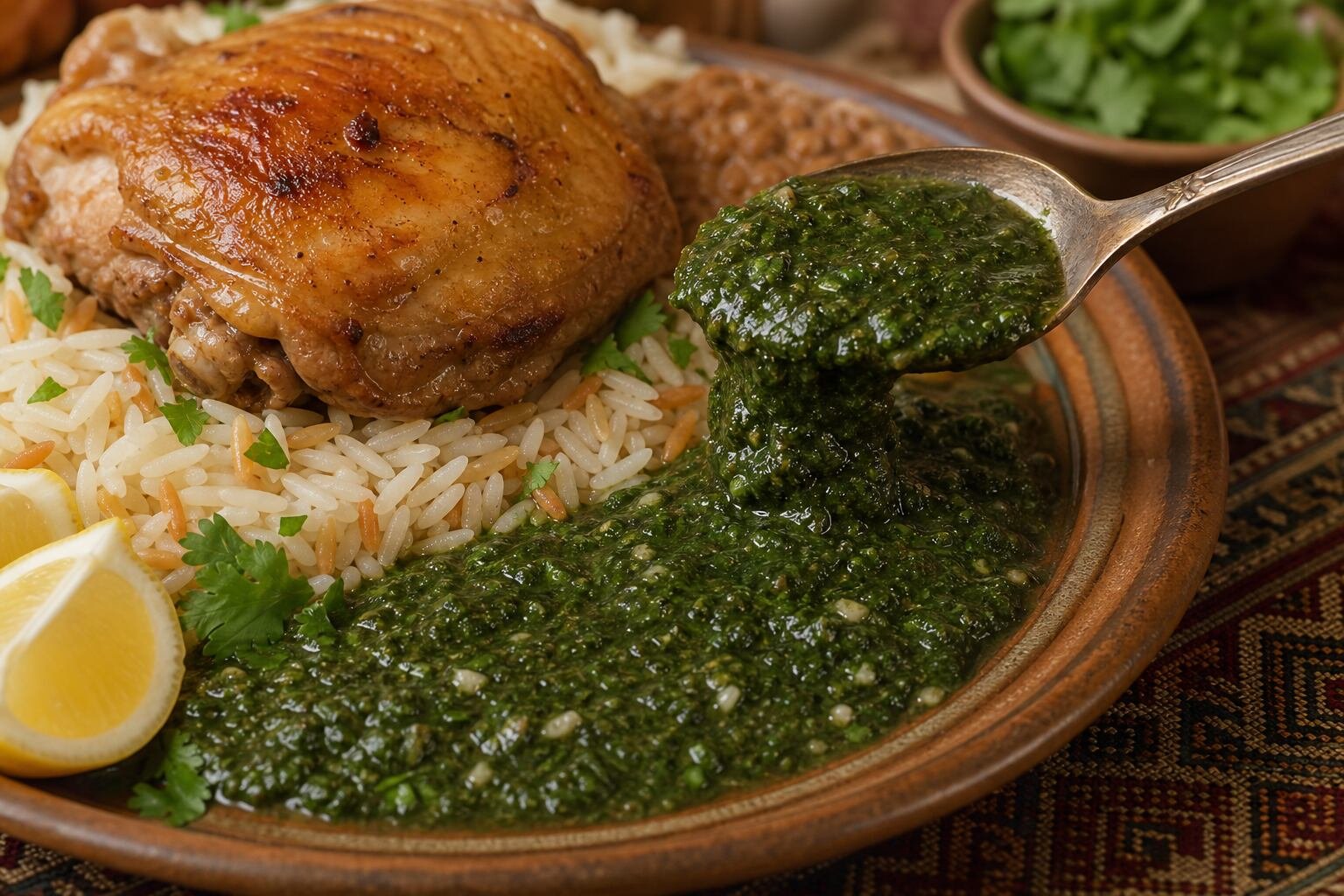 A close serving of silky Egyptian molokhia beside chicken and rice with garlic, coriander, and lemon.