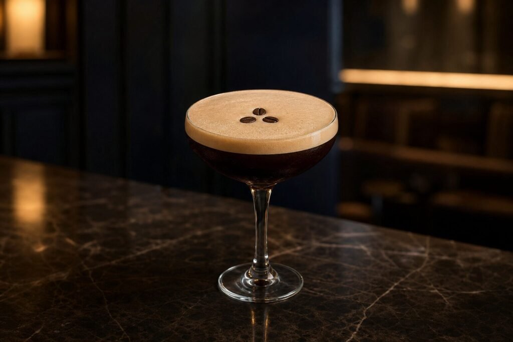 An Espresso Martini with dark coffee cocktail, thick tan crema, and three coffee beans in a coupe glass.