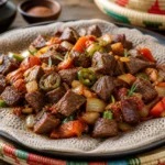 Ethiopian beef tibs with browned beef, onions, tomatoes, jalapeno, rosemary, berbere spices, and injera.