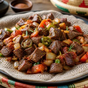 Ethiopian beef tibs with browned beef, onions, tomatoes, jalapeno, rosemary, berbere spices, and injera.