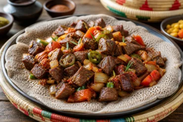 Ethiopian beef tibs with browned beef, onions, tomatoes, jalapeno, rosemary, berbere spices, and injera.