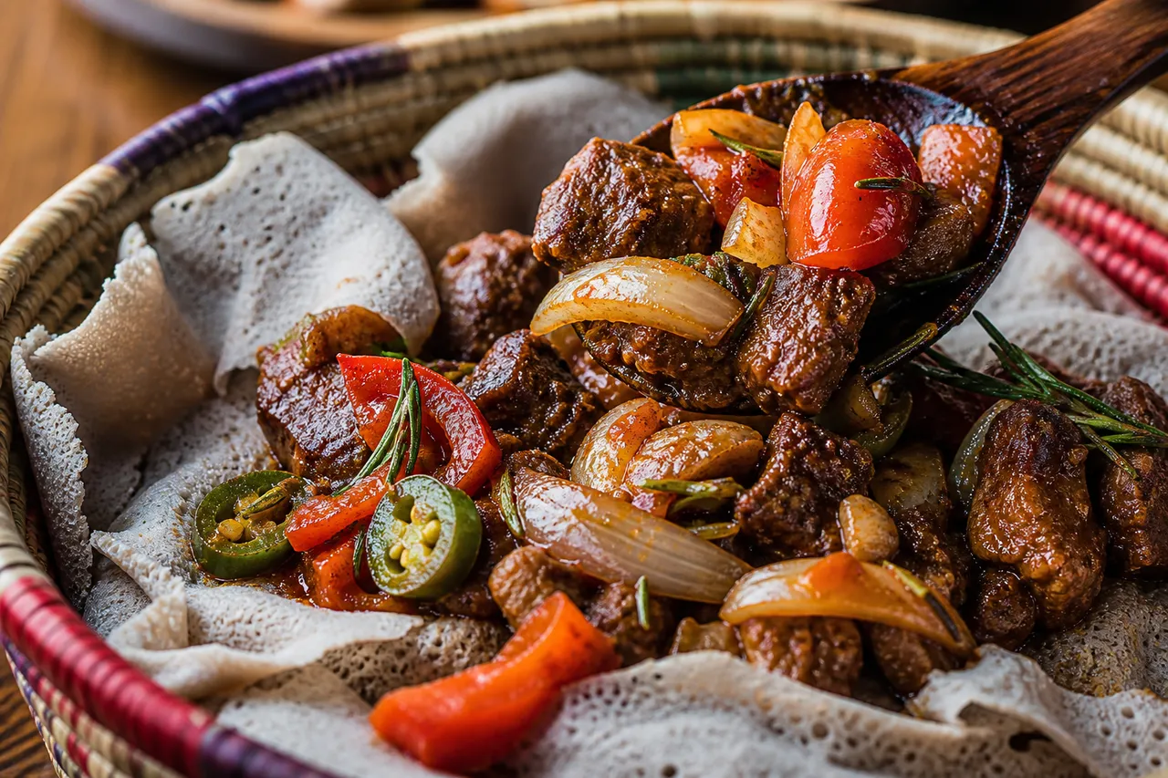 A close-up serving of Ethiopian beef tibs with browned beef, onions, tomatoes, jalapeno, rosemary, berbere sauce, and injera.