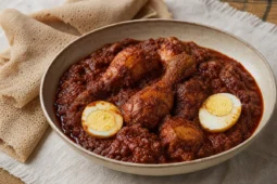 A bowl of Ethiopian Doro Wat with chicken, hard-boiled eggs, berbere sauce, and injera.
