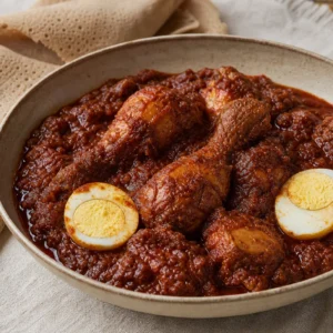 A bowl of Ethiopian Doro Wat with chicken, hard-boiled eggs, berbere sauce, and injera.